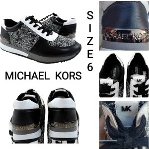 Michael Kors Allie Trainer Lace Up Sneakers Tweed Black / White Size 6
